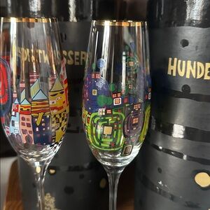 🇦🇹🥂2 champagne flutes by the Austrian artist HUNDERTWASSER Exclusive Edition NIB
